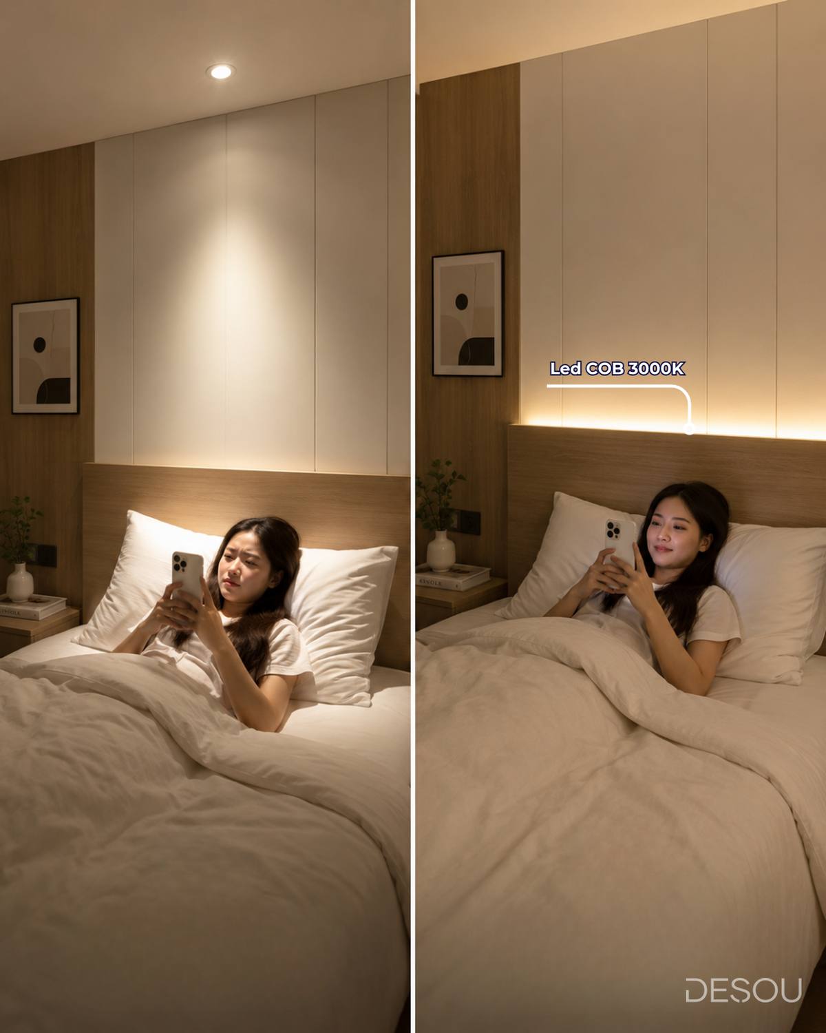 Phòng ngủ với dải LED 3000K hắt sau đầu giường tạo ánh sáng dịu dễ ngủ